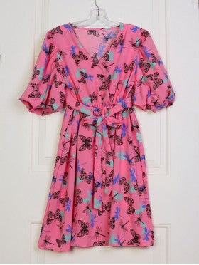 Stretchy Butterfly Print Dress w/ Cross Collar and Tie