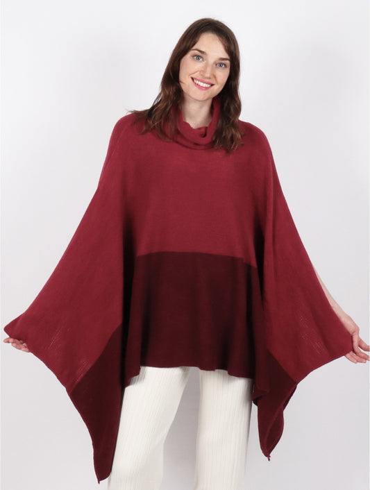 Super Soft Turtle Neck Side Slit Two-Tone Poncho