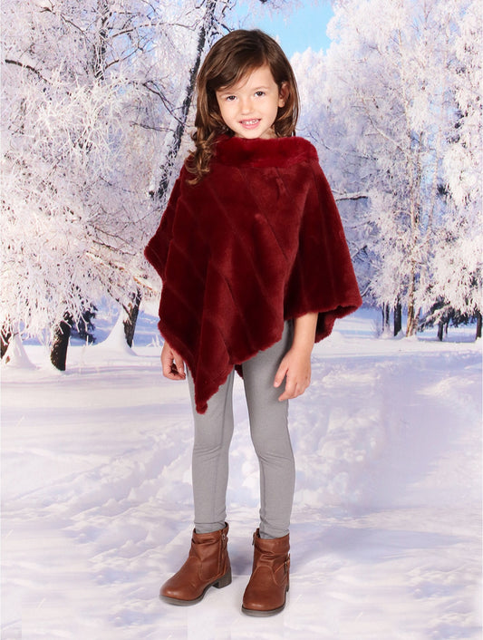 Kids Soft Faux Fur Cape W/ Diagonal Pattern and Faux Fur Neckline