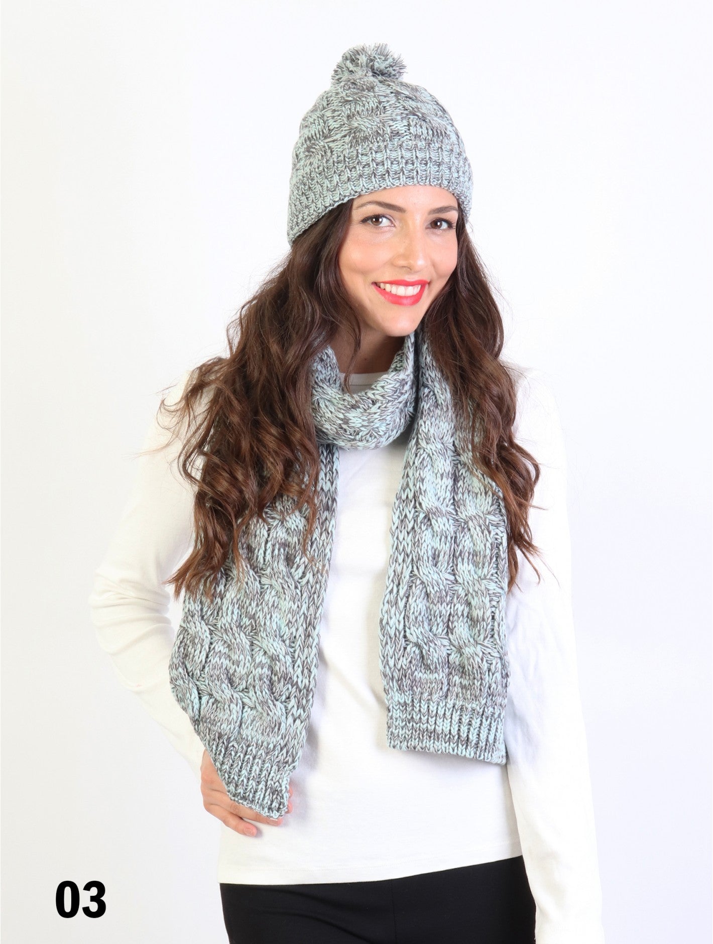 Knitted Matching Set W/ Pom Pom (Scarf, Fleeced Hat)