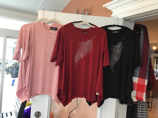 Top - Feather Rhinestones - 3/4 Sleeve