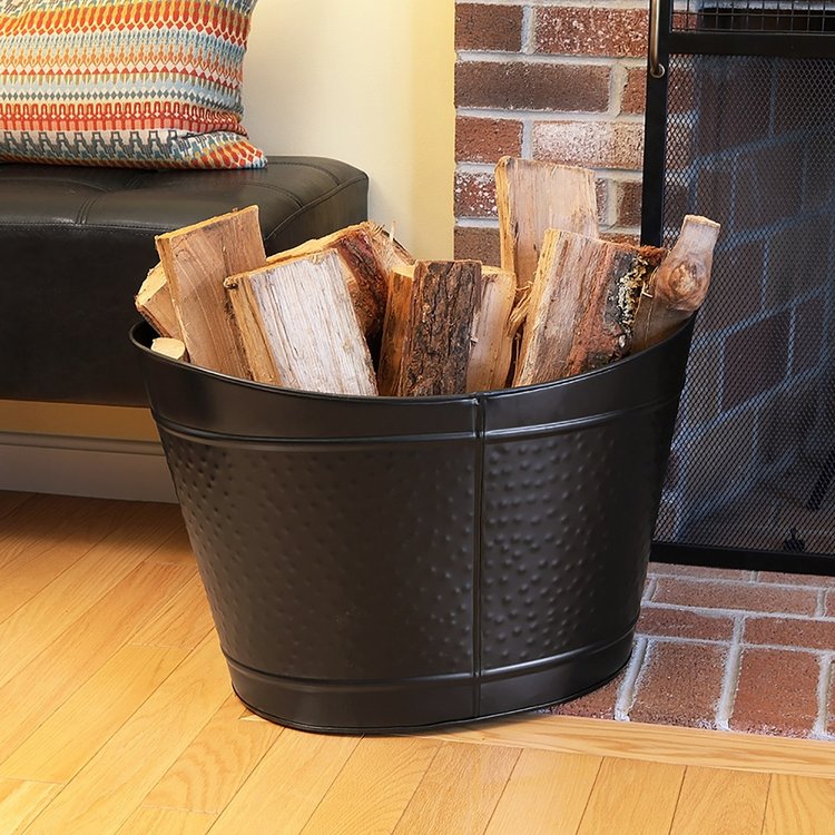 Log Holder - Large Black Hammered Metal Bin