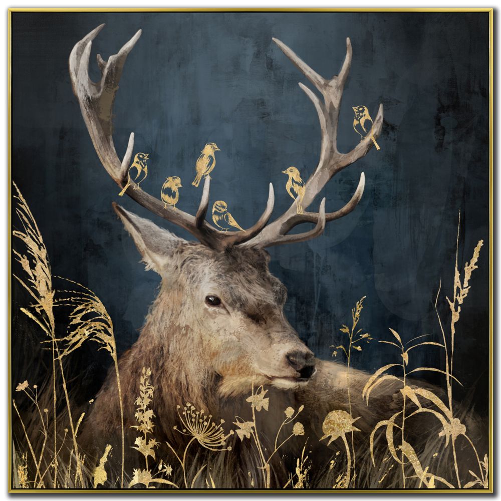 Golden Birds on Antlers Canvas Art