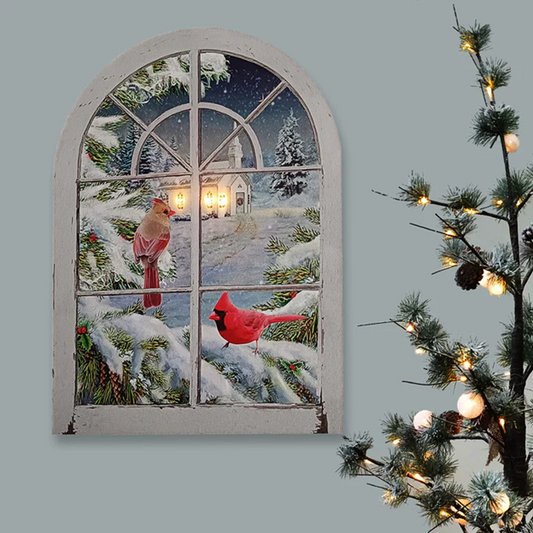 Rounded Window with Cardinals - LED Canvas