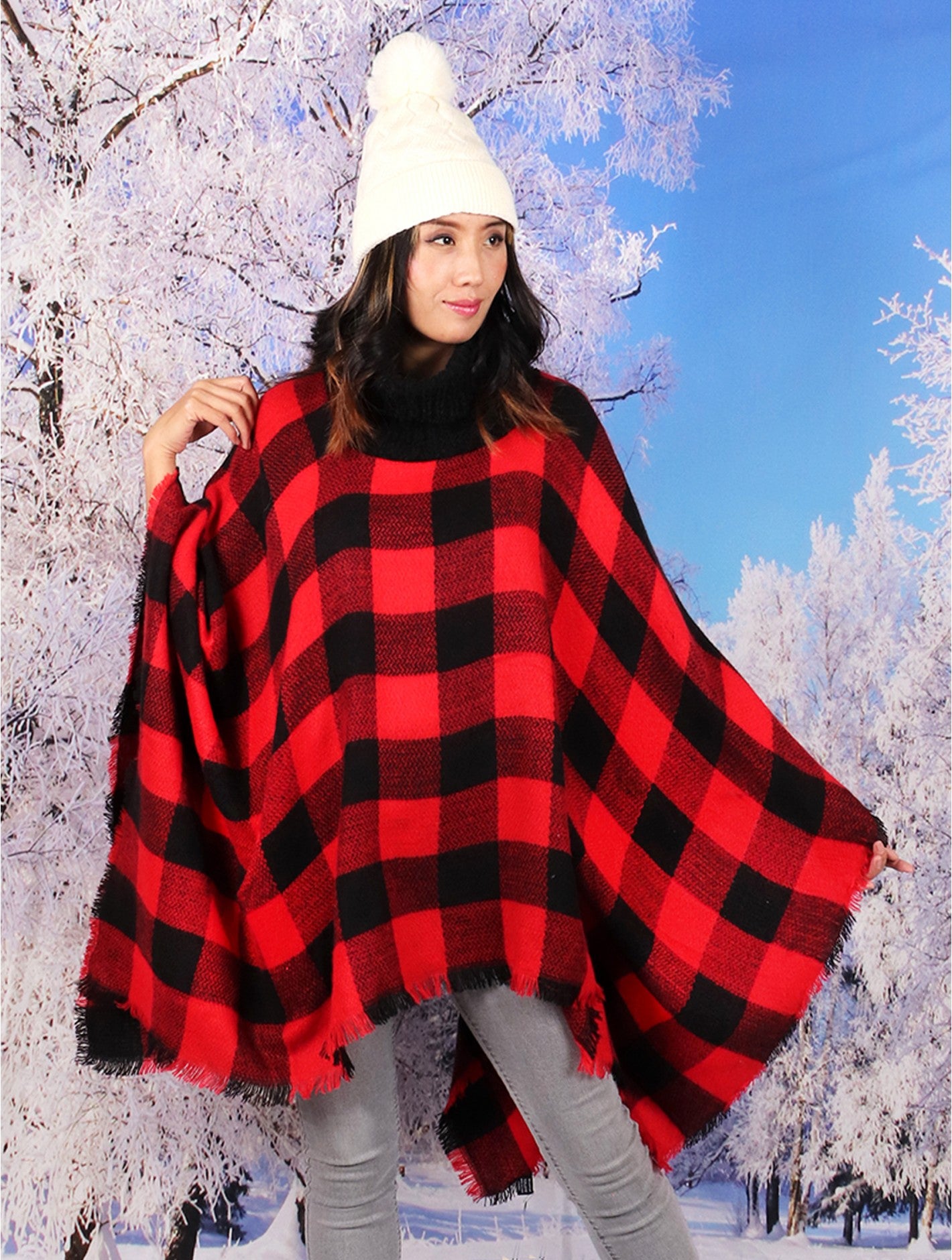Loose Turtle Neck Plaid Poncho W/ Soft Frayed Ends