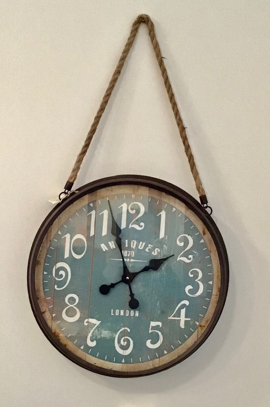 Clock - Distressed Vintage Blue with Rope - Country Stoves and Sunrooms Ltd